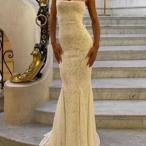 House of CB Joan- IVORY LACE UP BACK MAXI DRESS